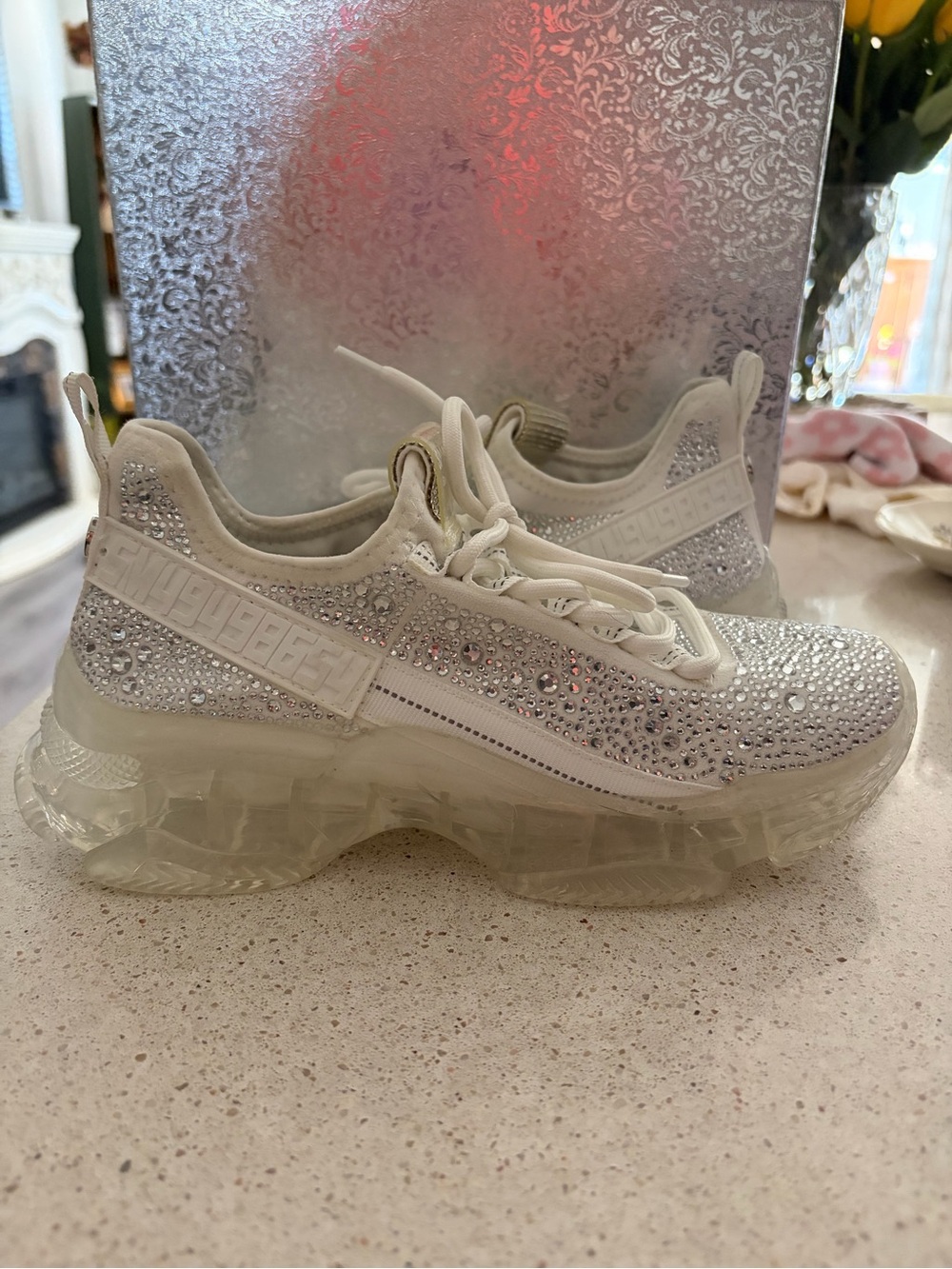 Steve Madden White Crystal-Embellished Platform Sneakers